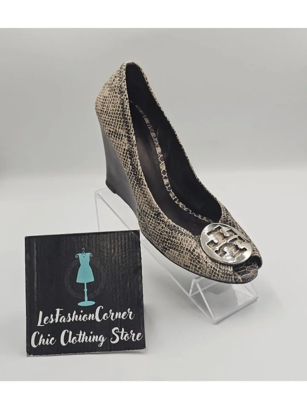 Tory Burch Women's Python Leather Julianne Peep Toe Wedge Pumps Shoe Size 9 3783
